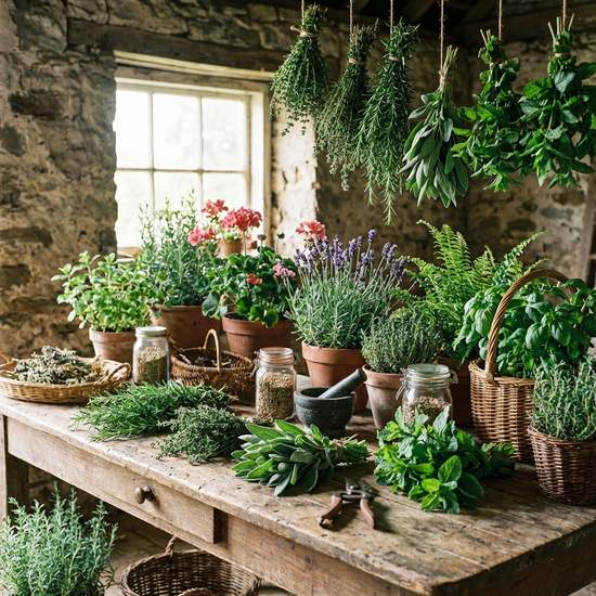 Verschiedene Kräuter und Pflanzen auf einem Holztisch