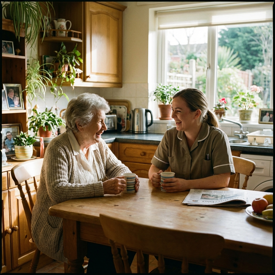 Pflegerin und Senior im entspannten Gespräch am Küchentisch