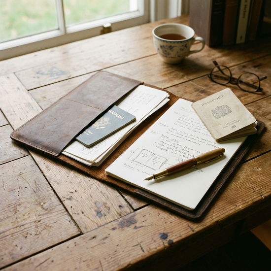 Geöffnete Dokumentenmappe mit Stift auf einem Holztisch