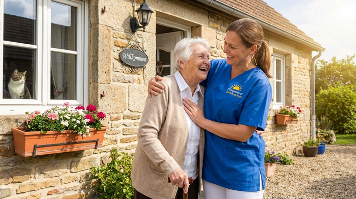 Freundliche Pflegerin begrüßt ältere Dame an der Haustür