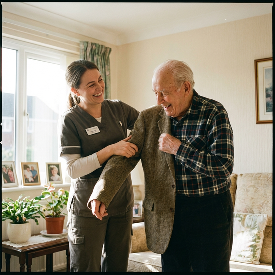 Pflegerin hilft Senior beim Anziehen der Jacke