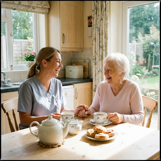 Pflegerin und Seniorin lachen gemeinsam beim Teetrinken