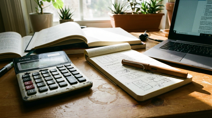 Taschenrechner, Notizblock und Stift auf einem Schreibtisch