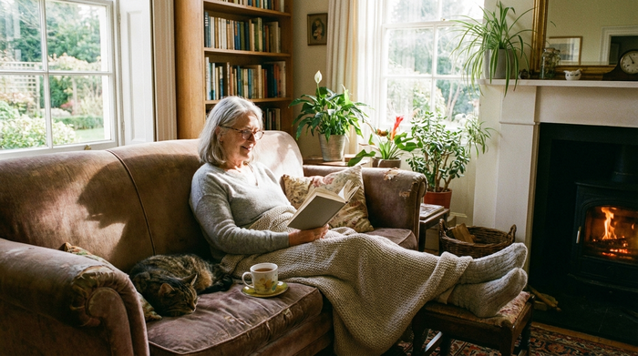 Seniorin liest entspannt ein Buch auf dem Sofa