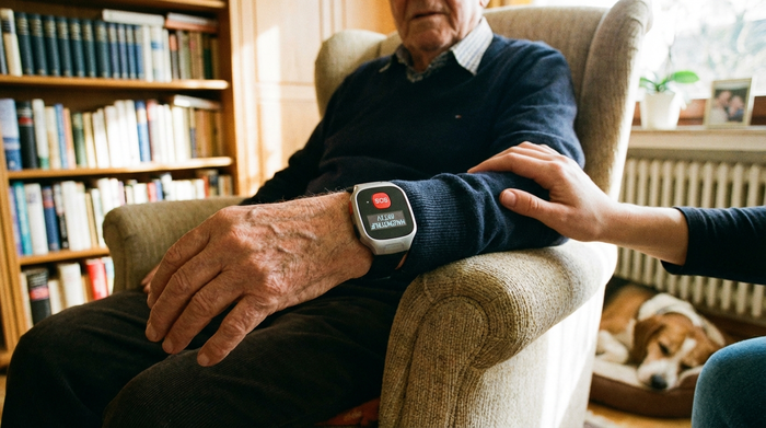 Hausnotruf-Gerät am Handgelenk eines Seniors