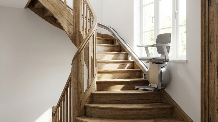 Moderner Treppenlift an einer Holztreppe