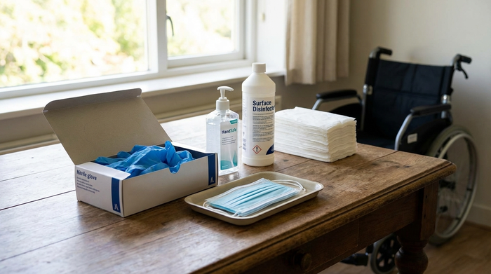 Pflegehilfsmittel wie Handschuhe und Desinfektion auf einem Tisch