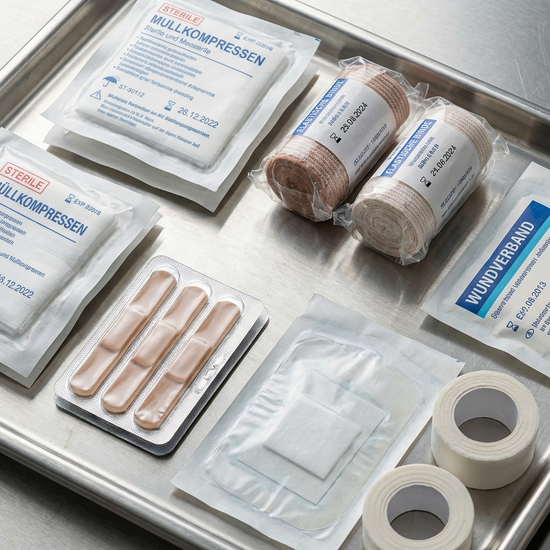 Nahaufnahme von sauberen, verpackten medizinischen Verbandsmaterialien auf einem Tablett