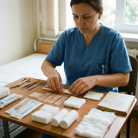 Pflegekraft bereitet am Tisch sorgfältig verschiedene Pflaster und Kompressen vor