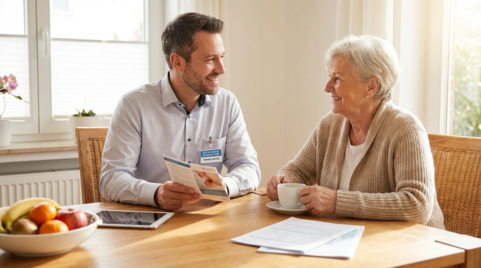 Zertifizierter Wundmanager im Gespräch mit einer Seniorin am Esstisch, beide lächeln vertrauensvoll