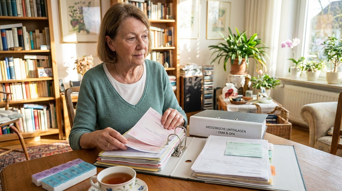 Angehörige sortiert übersichtlich medizinische Dokumente und Verordnungen in einem Ordner
