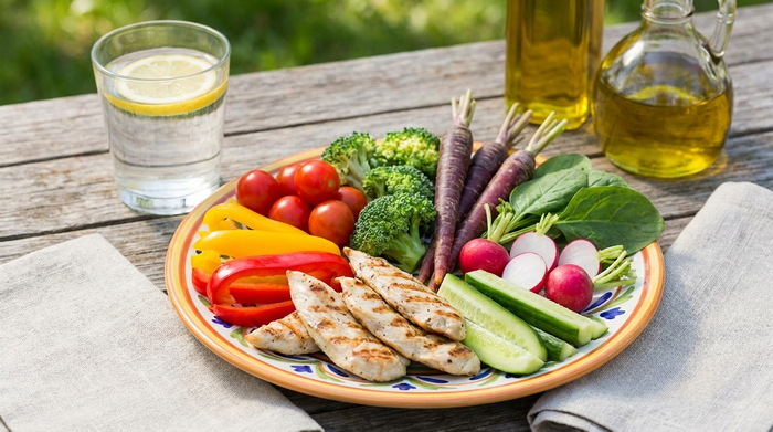 Bunter Teller mit frischem Gemüse, magerem Fleisch und einem Glas Wasser auf einem Tisch