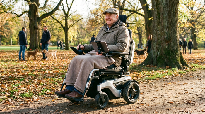 Senior sitzt bequem in einem modernen elektrischen Rollstuhl im Park
