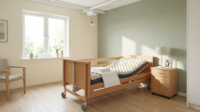 Sauberes, aufgeräumtes Schlafzimmer mit einem speziellen Pflegebett und Antidekubitus-Matratze