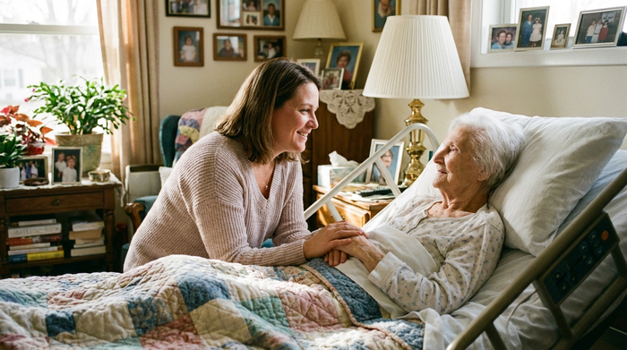 Einfühlsame Pflegekraft hält die Hand einer älteren Patientin im heimischen Pflegebett