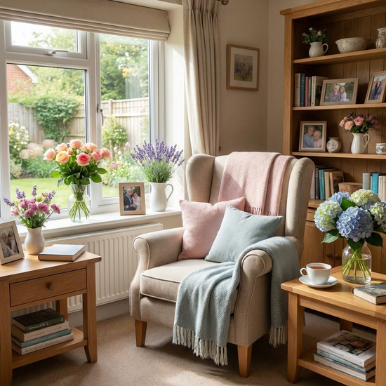 Helles, wohnliches Zimmer in einem stationären Hospiz mit gemütlichem Sessel und Blumen