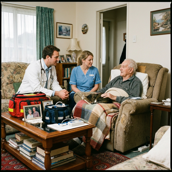 Mobiles Palliativteam besucht einen älteren Patienten in seinem eigenen Wohnzimmer