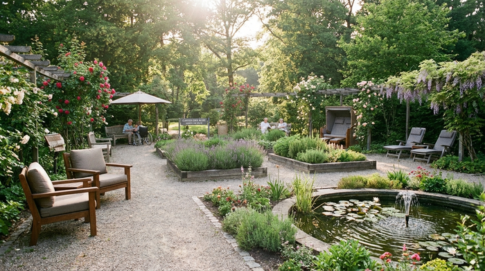 Ruhiger Patientengarten eines stationären Hospizes mit bequemen Sitzgelegenheiten