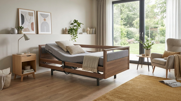 Modernes, elektrisch verstellbares Pflegebett in einem häuslichen Schlafzimmer