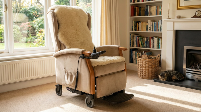 Komfortabler Pflegerollstuhl mit weicher Sitzauflage im Wohnzimmer