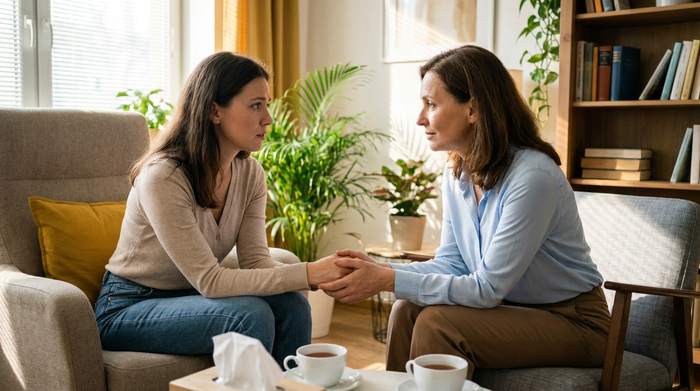 Frau im stützenden Gespräch mit einer empathischen Psychologin oder Pflegeberaterin