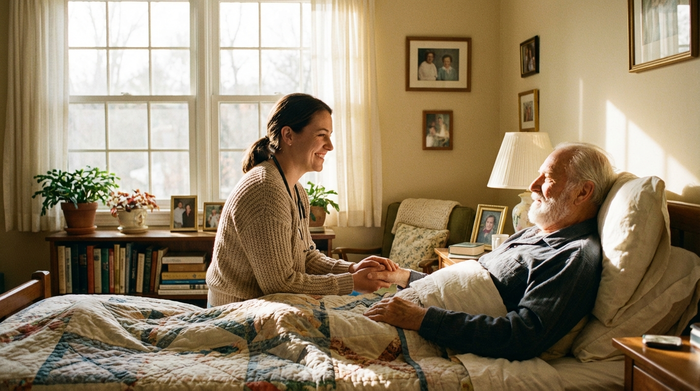 Freundliche Pflegerin sitzt am Bett eines älteren Patienten in einem gemütlichen, lichtdurchfluteten Schlafzimmer und hält beruhigend seine Hand.