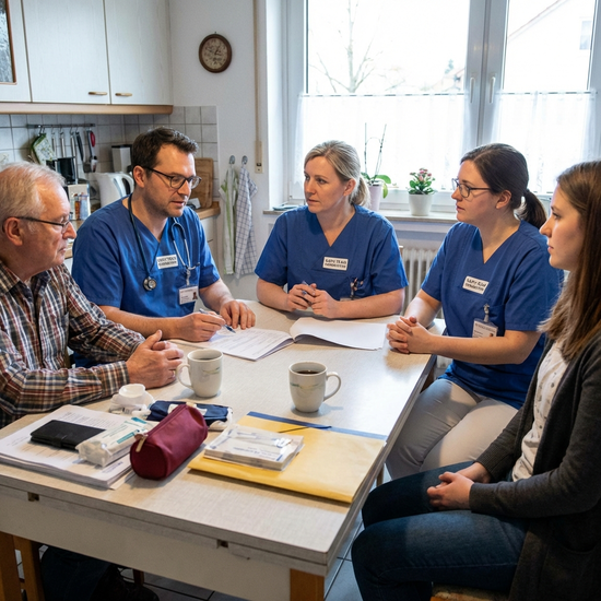Medizinisches SAPV-Team in Dienstkleidung am Küchentisch im Gespräch mit Angehörigen.