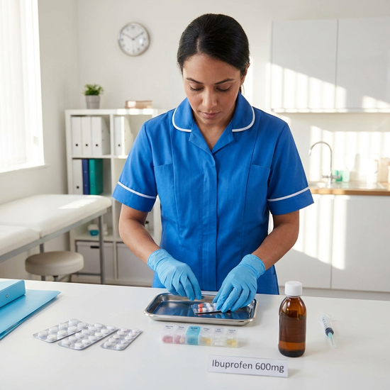 Pflegekraft bereitet an einem sauberen Tisch sorgfältig Medikamente auf einem kleinen Tablett vor.
