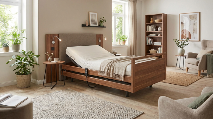 Modernes, elektrisch verstellbares Pflegebett in einem gemütlichen, wohnlich eingerichteten Schlafzimmer.