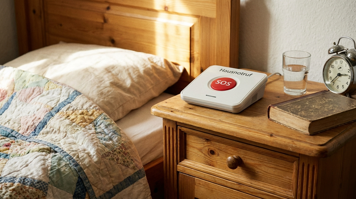 Hausnotruf-Gerät mit großem rotem Knopf auf einem Holz-Nachttisch neben einem Bett.