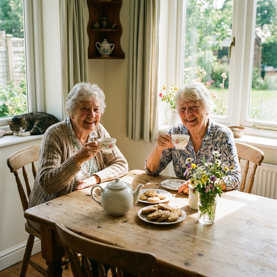 Zwei ältere Frauen sitzen entspannt und lächelnd bei einer Tasse Tee am Esstisch zusammen.