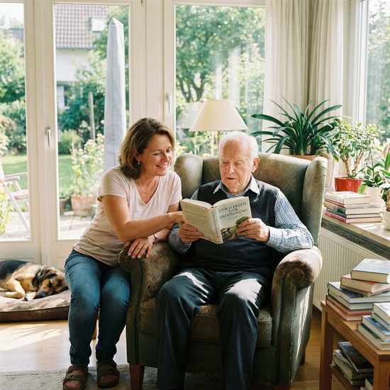 Einfühlsame Betreuungskraft hilft einem Senior beim Lesen eines Buches im hellen Wohnzimmer.