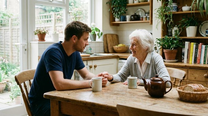 Pflegekraft und Senior im Gespräch am Küchentisch, ruhige und vertrauensvolle Atmosphäre