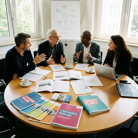Beratungsgespräch am runden Tisch mit Dokumenten und Broschüren