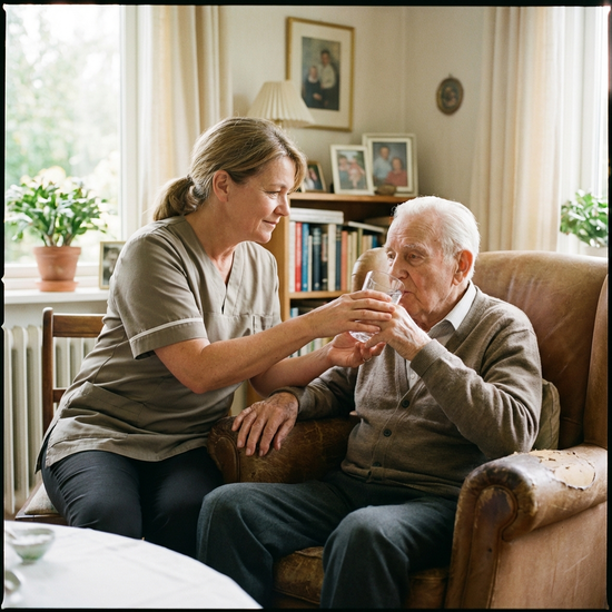 Pflegekraft reicht älterem Herrn behutsam ein Glas Wasser
