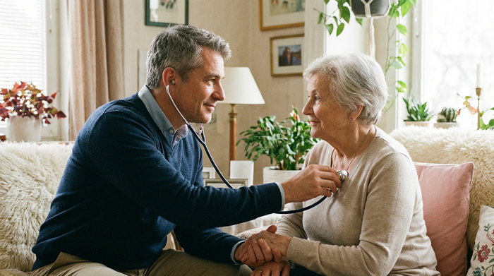 Arzt mit Stethoskop bei der einfühlsamen Untersuchung eines Patienten