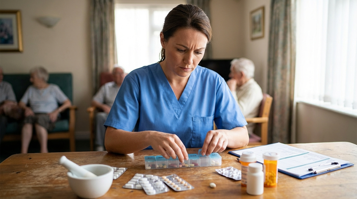 Pflegekraft richtet konzentriert Medikamente an einem Tisch