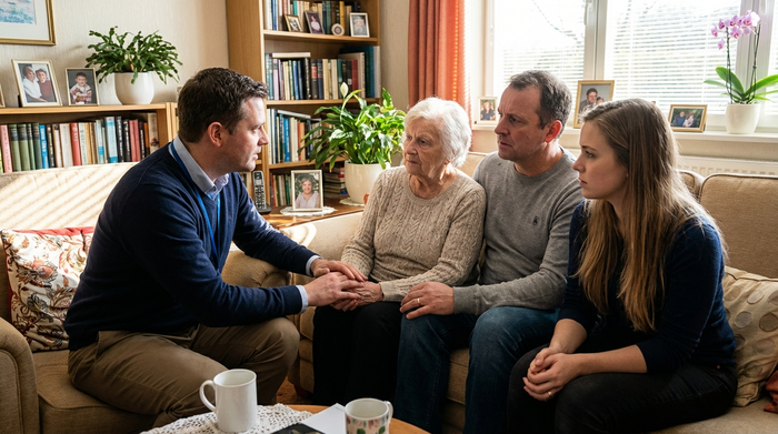 Sozialarbeiter im unterstützenden Gespräch mit Angehörigen auf dem Sofa