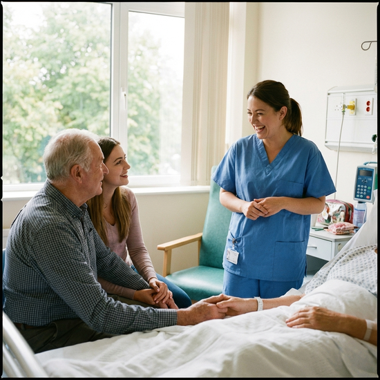 Zwei Angehörige tauschen sich mit einer Pflegekraft aus