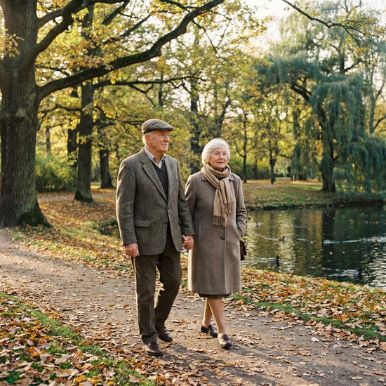 Älteres Paar beim gemeinsamen, ruhigen Spaziergang im Park