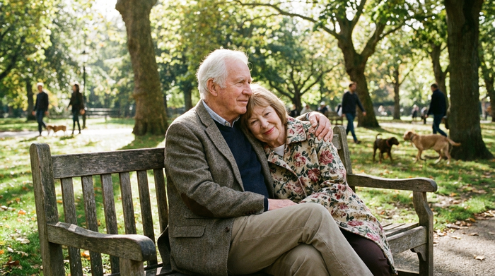 Älteres Ehepaar sitzt ruhig auf einer Bank in einem sonnigen Park, der Mann legt tröstend den Arm um seine Frau.