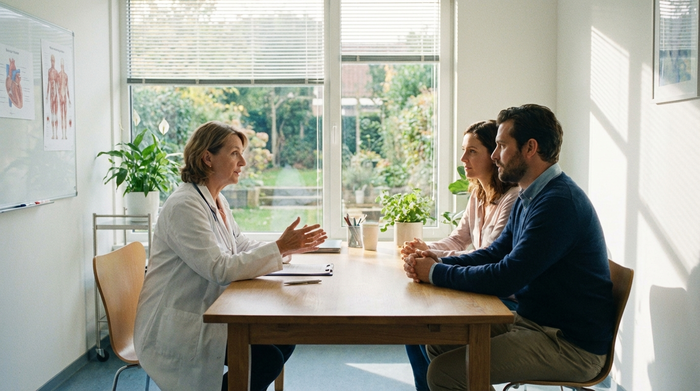 Arzt und Angehörige sitzen in einem ruhigen, hellen Besprechungsraum an einem Tisch und führen ein aufklärendes Gespräch.