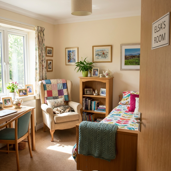 Helles, freundliches und wohnlich eingerichtetes Einzelzimmer in einem Hospiz mit persönlicher Dekoration und gemütlichem Sessel.