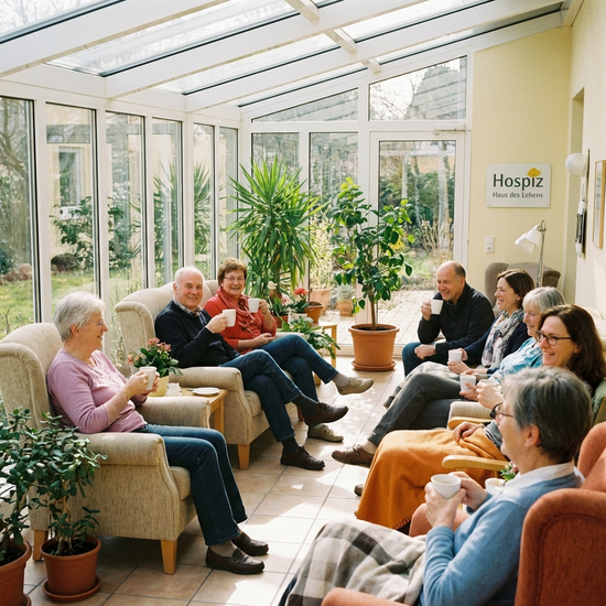 Angehörige sitzen entspannt bei einer Tasse Kaffee im lichtdurchfluteten Wintergarten eines Hospizes.