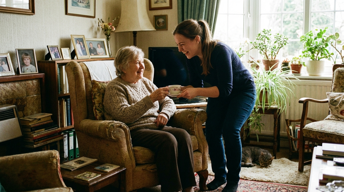 Eine ältere Dame sitzt entspannt in ihrem eigenen Wohnzimmer und wird von einer freundlichen Pflegekraft betreut.