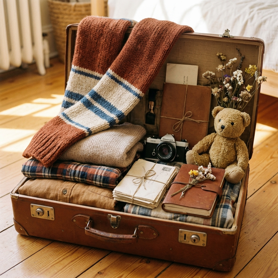 Ein liebevoll gepackter Koffer mit weicher Kleidung, einem dicken Schal und persönlichen Erinnerungsstücken.