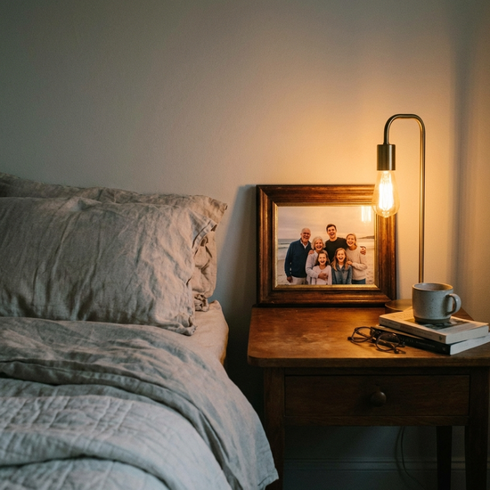 Ein gerahmtes Familienfoto und eine kleine, warme Leselampe auf einem Nachttisch neben einem Bett.