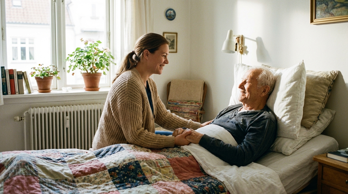 Freundliche Pflegekraft sitzt am Bett eines älteren Herrn im hellen, gemütlichen Schlafzimmer und hält sanft seine Hand.