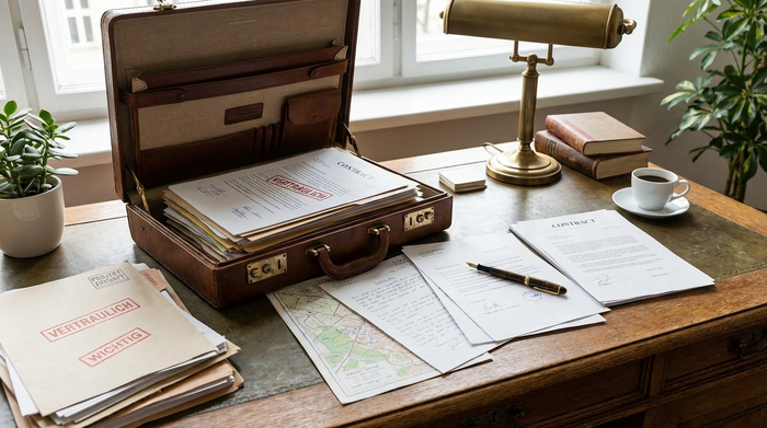 Geöffnete Aktenmappe mit wichtigen Dokumenten liegt ordentlich auf einem aufgeräumten Holzschreibtisch.