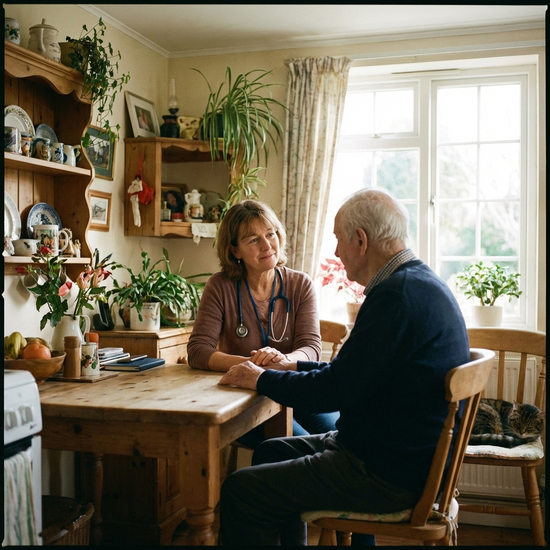 Palliativmedizinerin mit Stethoskop bespricht sich ruhig mit einem älteren Patienten am Küchentisch.